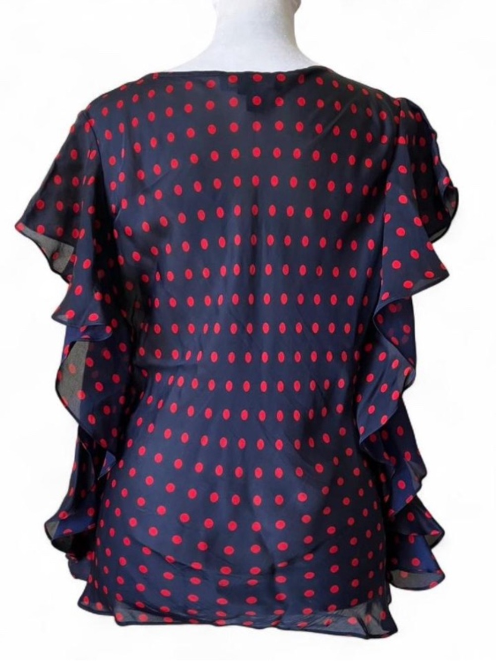 Lauren Ralph Lauren Vintage Blue & Red Polka Dot Flutter Hem Silk Blouse size PL - Picture 4 of 8